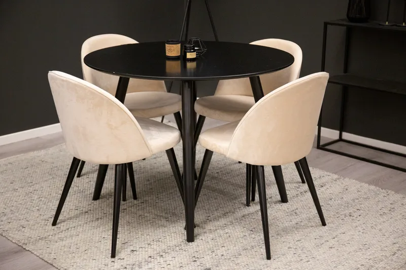 Plaza Spisebordssæt 100 cm Rund med 4 Velvet Stole, Beige