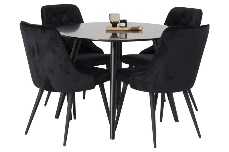 Plaza Spisebordssæt 100 cm Rund med 4 Velvet Stole, Svart