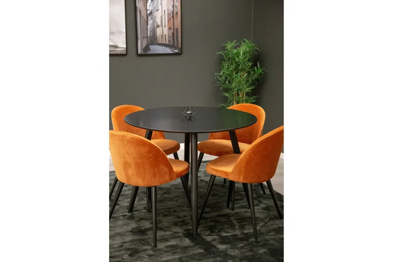 Plaza Spisebordssæt 100 cm Rund med 4 Velvet Stole, Svart
