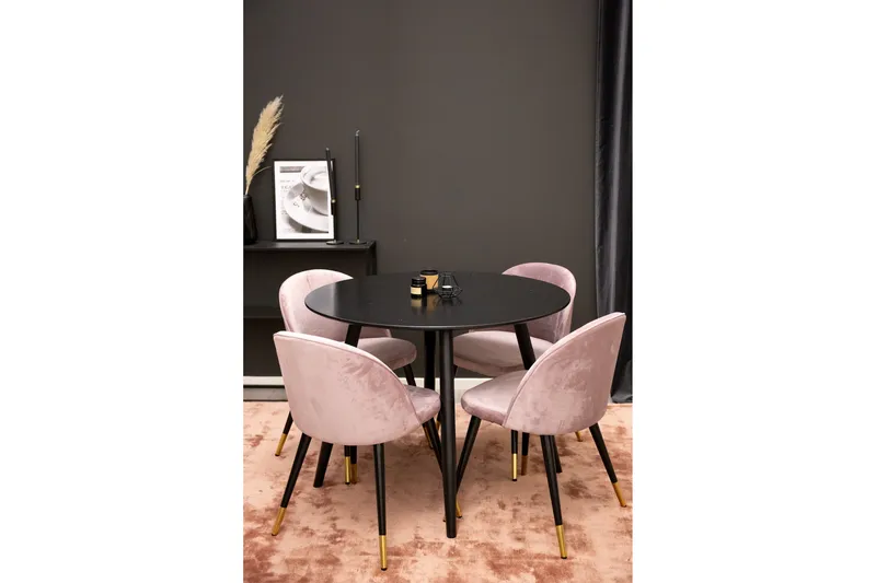 Plaza Spisebordssæt 100 cm Rund med 4 Velvet Stole, Svart