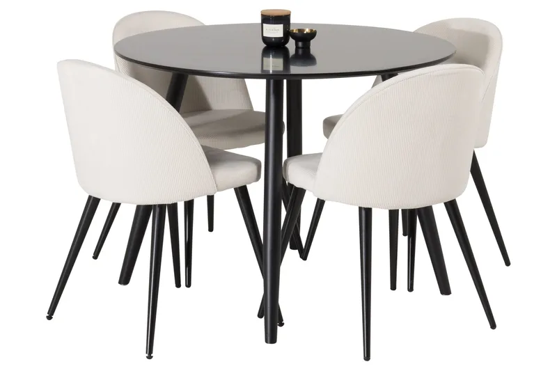 Plaza Spisebordssæt 100 cm Rund med 4 Velvet Stole, Svart