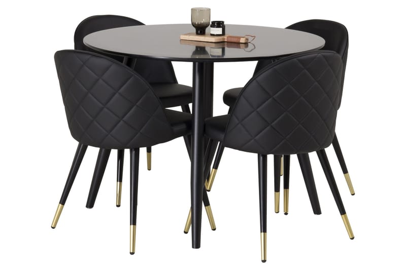 Plaza Spisebordssæt 100 cm Rund med 4 Velvet Stole, Svart/Gull