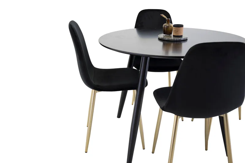 Plaza Spisebordssæt 100 cm Rund med 4 Polar Stole, Svart/Gull