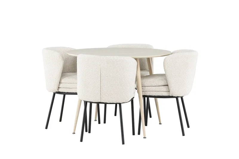 Plaza Spisegruppe 100 cm Rundt med 4 Agnes stole, Whitewash/Hvit