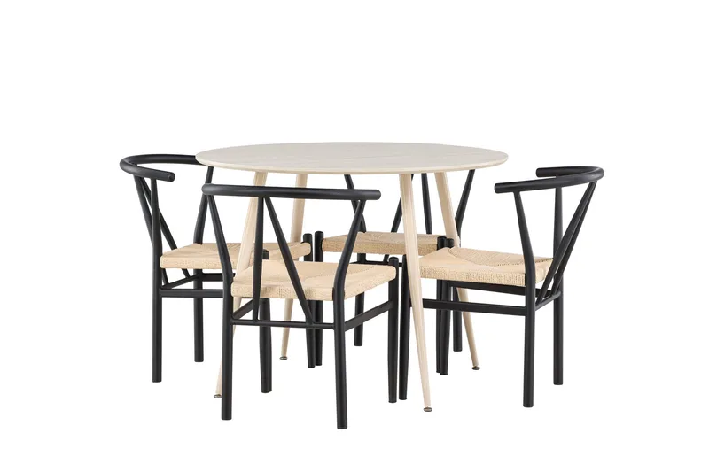 Plaza Spisegruppe 100 cm Rundt med 4 Alfons stole, Whitewash/Svart