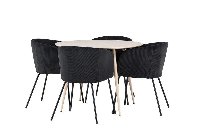 Plaza Spisegruppe 100 cm Rundt med 4 Berit stole, Whitewash/Svart