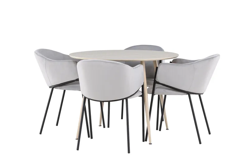 Plaza Spisegruppe 100 cm Rundt med 4 Evelina stole, Whitewash/Grå