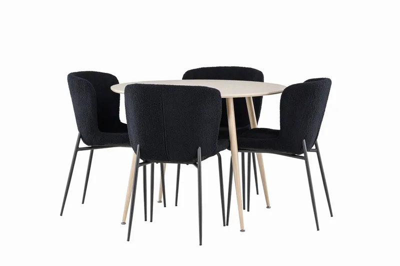 Plaza Spisegruppe 100 cm Rundt med 4 Modesto stole, Whitewash/Svart