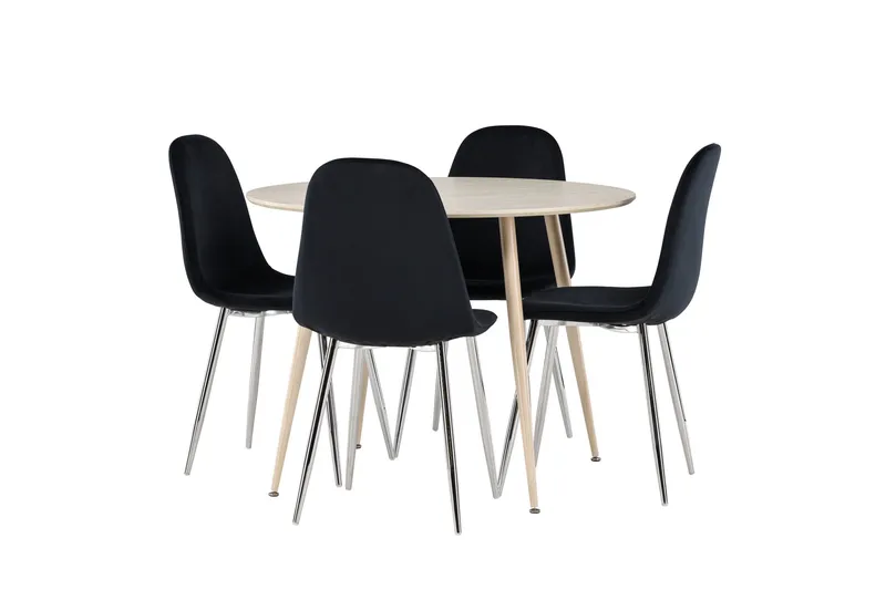 Plaza Spisegruppe 100 cm Rundt med 4 Polar stole, Whitewash/Svart