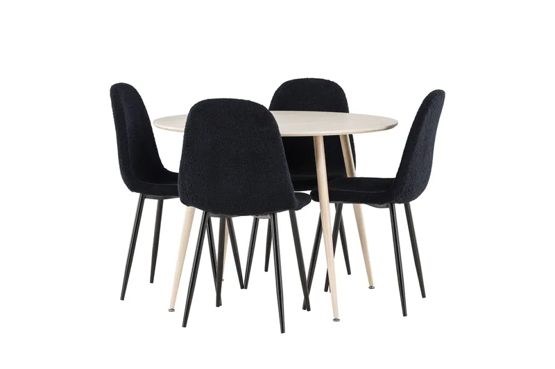 Plaza Spisegruppe 100 cm Rundt med 4 Polar stole, Whitewash/Svart