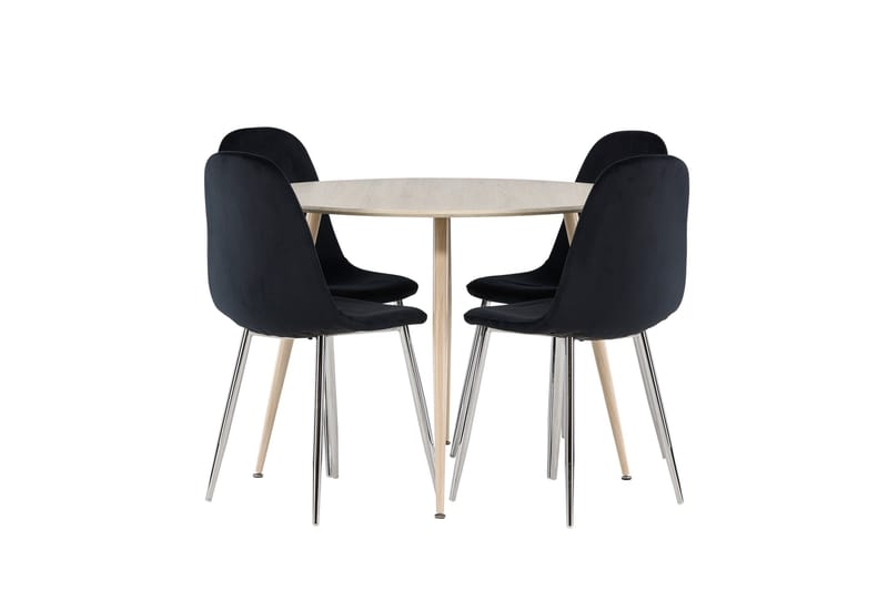 Plaza Spisegruppe 100 cm Rundt med 4 Polar stole - Whitewash/Svart - Møbler - Borde - Spisebordssæt