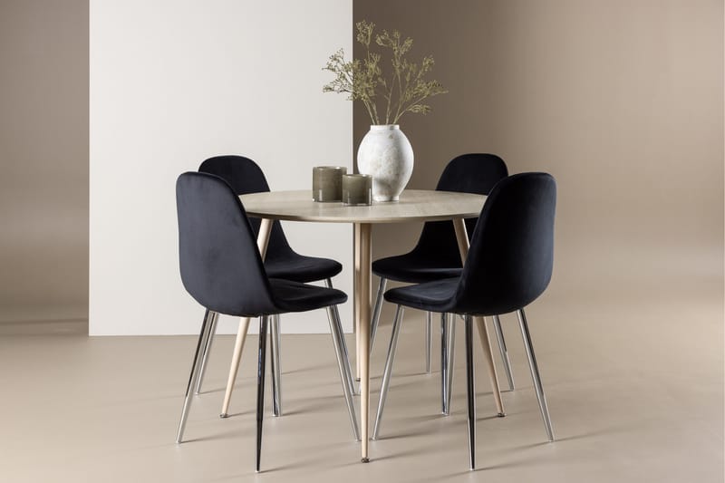 Plaza Spisegruppe 100 cm Rundt med 4 Polar stole - Whitewash/Svart - Møbler - Borde - Spisebordssæt