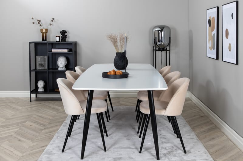 Polar Spisebordssæt 240 cm Rektangulær med 6 Velvet Stole - Beige - M�øbler - Borde - Spisebordssæt