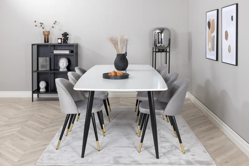 Polar Spisebordssæt 240 cm Rektangulær med 6 Velvet Stole, Svart/Gull
