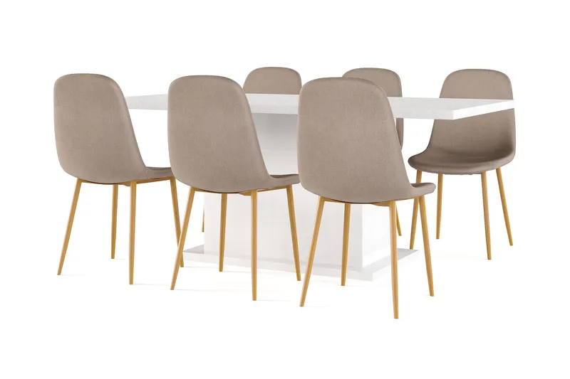 Ratliff Spisebord 180 cm Udtræksbord med tillægsplade + 6 stk Nibe stol brun med egetræben, Hvid/Brun