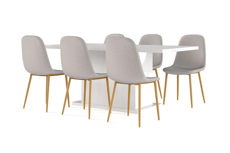 Ratliff Spisebord 180 cm Udtræksbord med tillægsplade + 6 stk Nibe stol grå med egetræben, Hvid/Grå