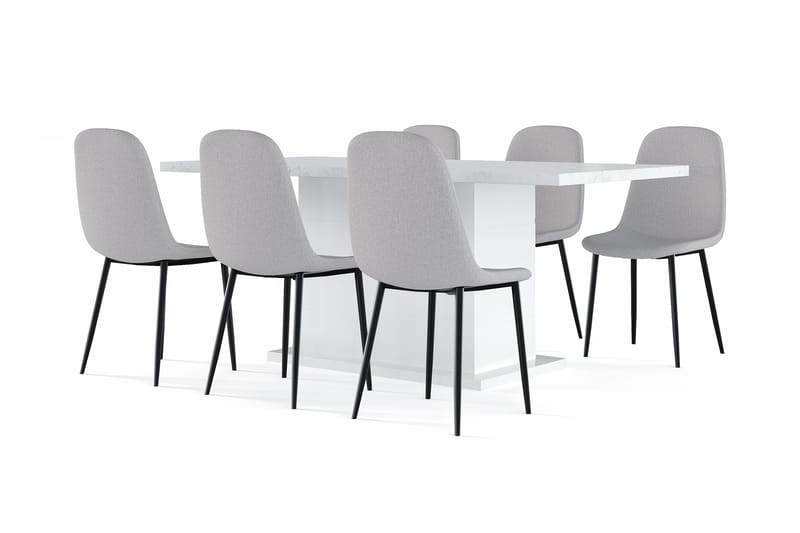 Ratliff Spisebord 180 cm Udtræksbord med tillægsplade + 6 stk Nibe stol grå med sorte ben, Hvid/Grå