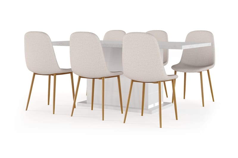 Ratliff Spisebord 180 cm Udtræksbord med tillægsplade + 6 stk Nibe stol beige med egetræben, Hvid/Beige