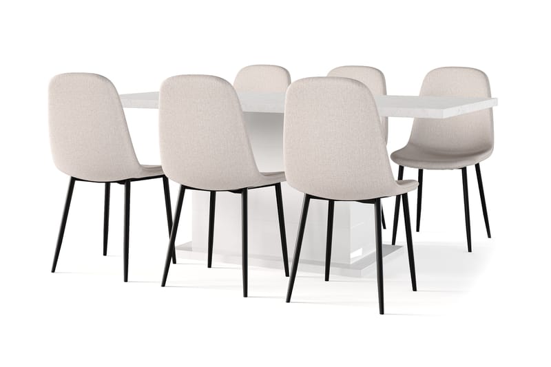 Ratliff Spisebord 180 cm Udtræksbord med tillægsplade + 6 stk Nibe stol beige med sorte ben, Hvid/Beige
