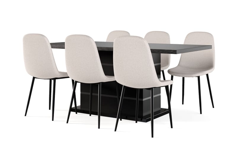 Ratliff Udtræksbart Spisebord 180/220 cm Sort + 6 stk Nibe stol beige med sorte ben, Sort/Beige