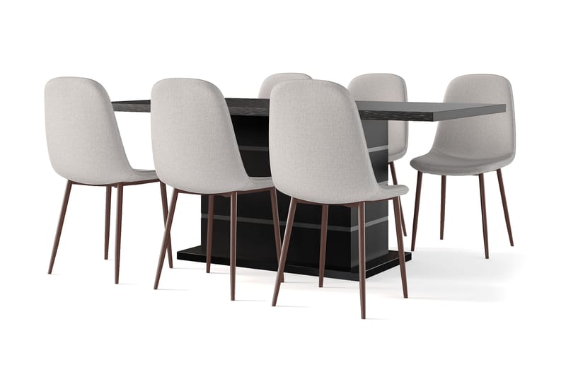 Ratliff Udtræksbart Spisebord 180/220 cm Sort + 6 stk Nibe stol beige med valnøddeben, Sort/Beige