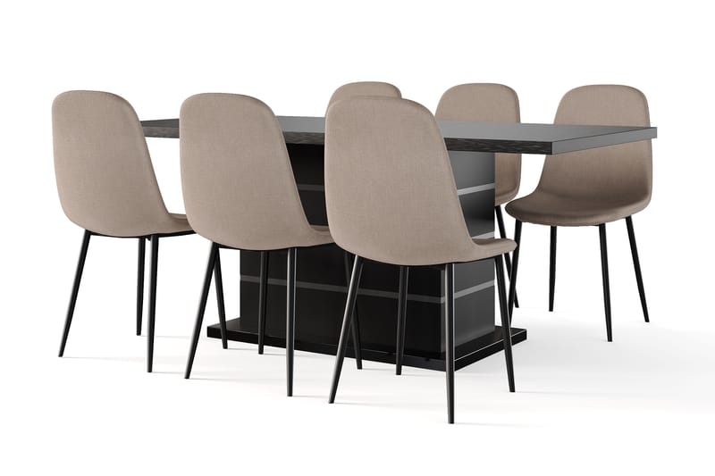 Ratliff Udtræksbart Spisebord 180/220 cm Sort + 6 stk Nibe stol brun med sorte ben, Sort/Brun