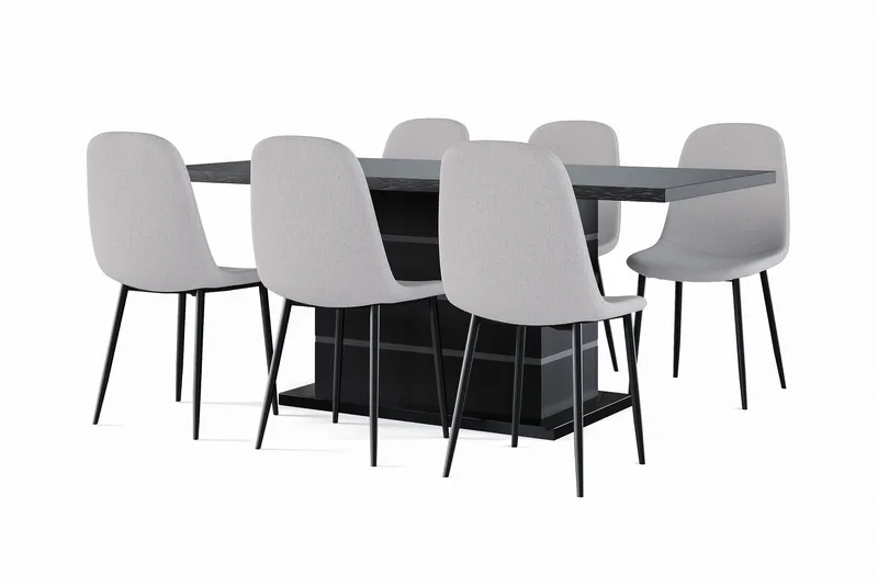Ratliff Udtræksbart Spisebord 180/220 cm Sort + 6 stk Nibe stol grå med sorte ben, Sort/Grå