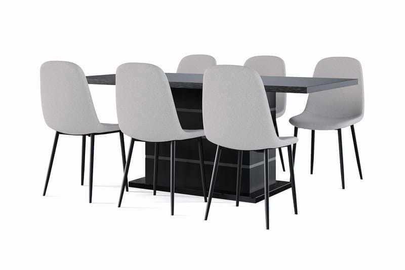 Ratliff Udtræksbart Spisebord 180/220 cm Sort + 6 stk Nibe stol grå med sorte ben, Sort/Grå