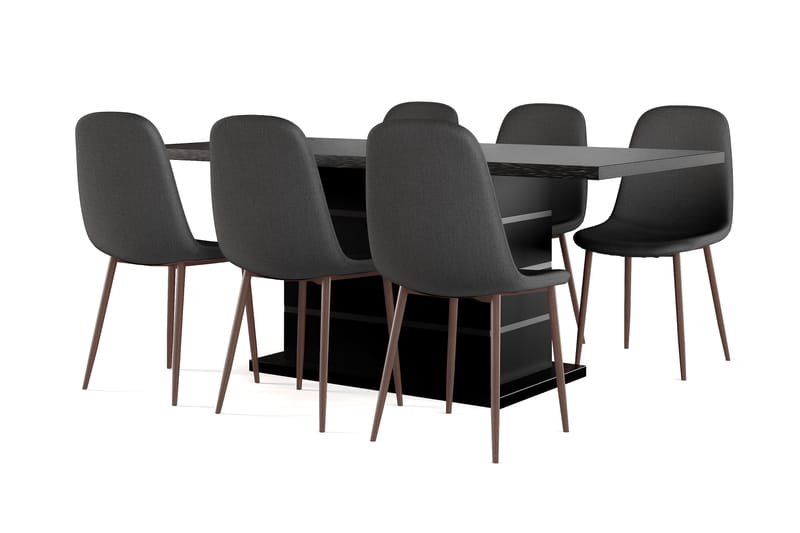 Ratliff Udtræksbart Spisebord 180/220 cm Sort + 6 stk Nibe stol sort med valnøddeben, Sort