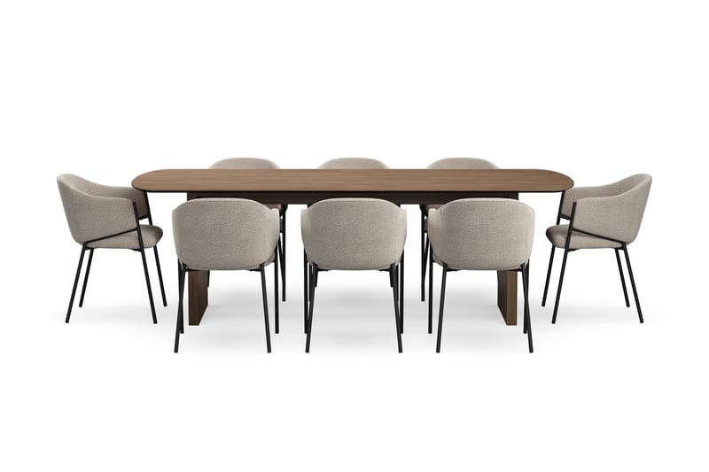 Richeto Rektangulær Spisebordsgruppe 240 cm – Spisebord med 8 Filip Spisestole med Træ- og Røget Eg-udseende - Mørkebrun|Taupe - Møbler - Borde - Spisebordssæt