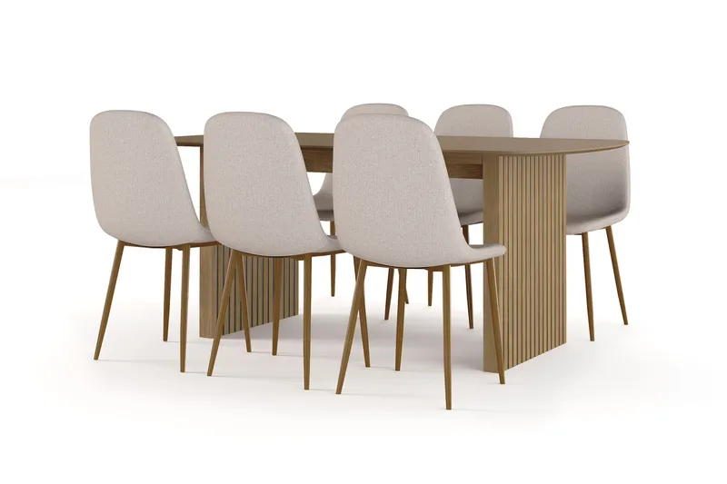 Richeto Spisebord 180 cm eg + 6 stk Nibe stol beige med egetræben, Natur/Beige