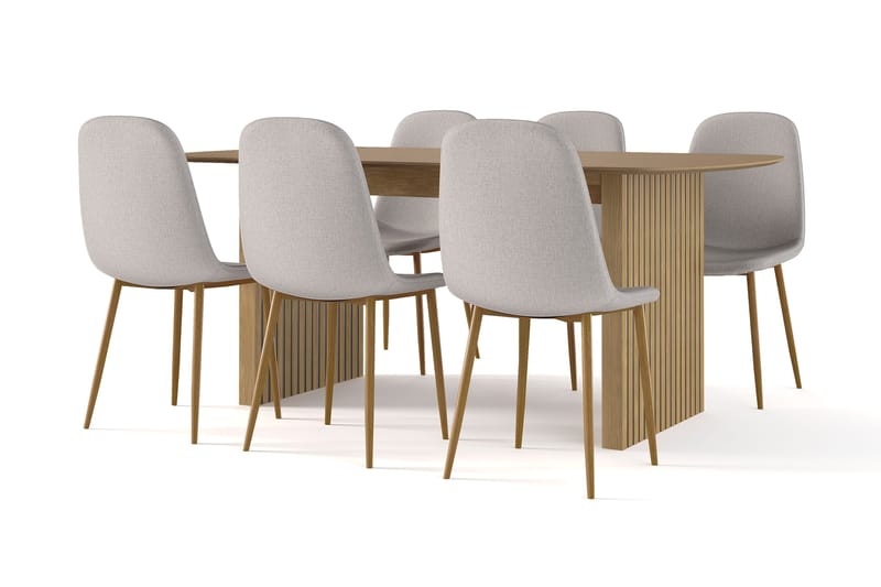 Richeto Spisebord 180 cm eg + 6 stk Nibe stol grå med egetræben, Natur/Grå