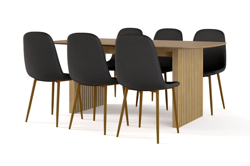 Richeto Spisebord 180 cm eg + 6 stk Nibe stol sort med egetræben, Natur/Sort