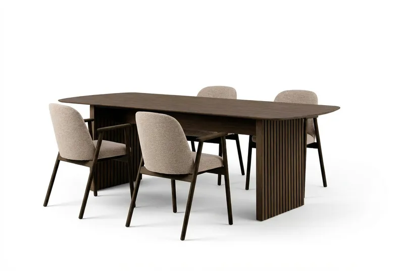 Richeto spisebord 180 cm i røget eg med 4 Reciclar spisestole, Røget eg/Greige