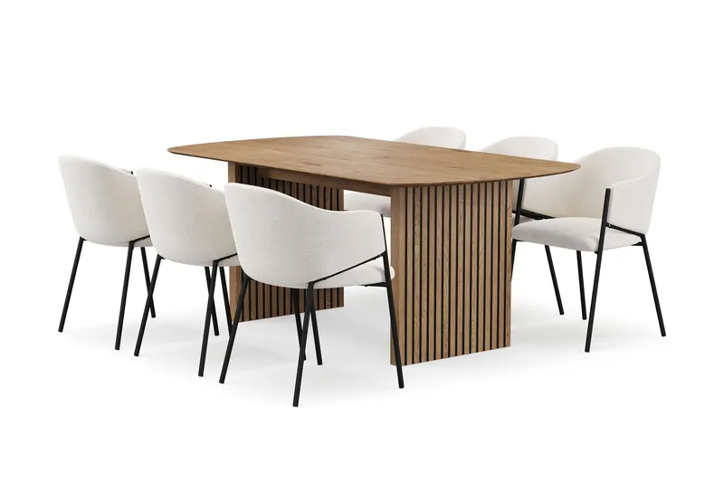 Richeto Spisebord 180 cm med 6 Filip Spisestole, Naturlig finish / Hvid Bouclé