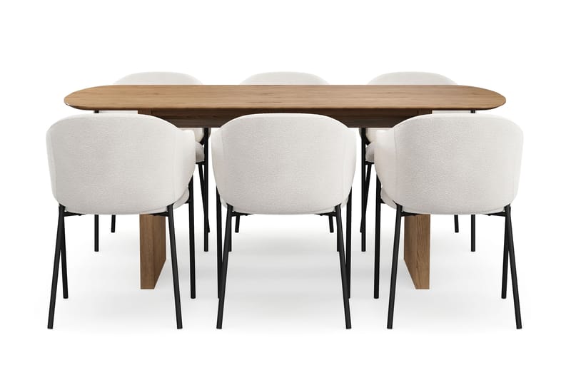 Richeto Spisebord 180 cm med 6 Filip Spisestole - Naturlig finish / Hvid Bouclé - Møbler - Borde - Spisebordssæt
