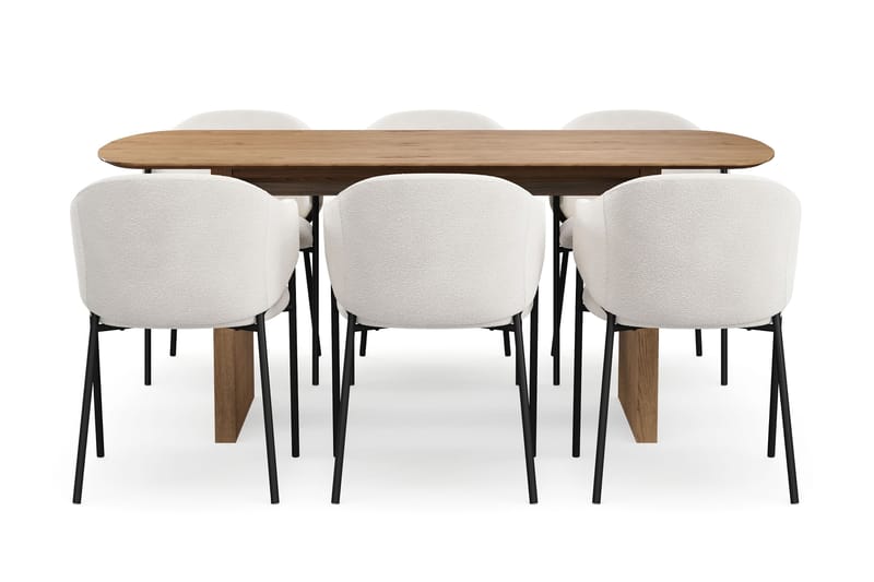 Richeto Spisebord 180 cm med 6 Filip Spisestole - Naturlig finish / Hvid Bouclé - Møbler - Borde - Spisebordssæt