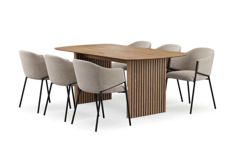 Richeto Spisebord 180 cm med 6 Filip Spisestole, Naturlig finish / Taupe Bouclé