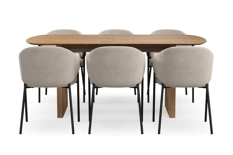 Richeto Spisebord 180 cm med 6 Filip Spisestole - Naturlig finish / Taupe Bouclé - Møbler - Borde - Spisebordssæt