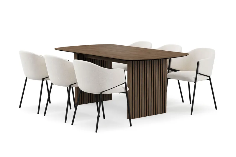 Richeto Spisebord 180 cm med 6 Filip Spisestole, Røget eg / Hvid Bouclé