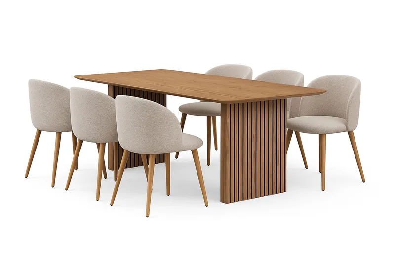 Richeto Spisebord 180 cm med 6 Greya Spisestole med armlæn, Naturlig finish / Greige Bouclé / Metalben Eg