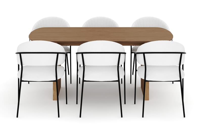 Richeto Spisebord 180 cm med 6 Karol Spisestole - Naturlig finish / Hvid Bouclé - Møbler - Borde - Spisebordssæt