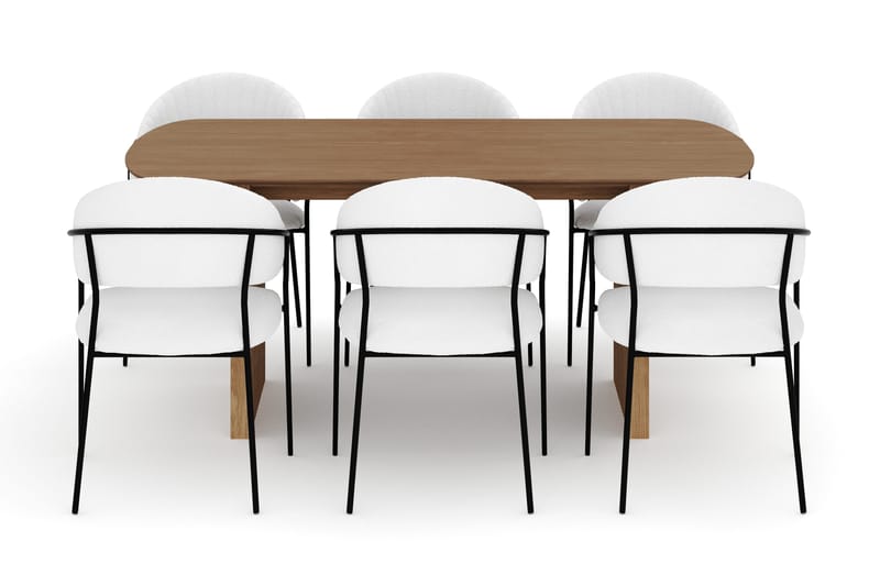 Richeto Spisebord 180 cm med 6 Karol Spisestole - Naturlig finish / Hvid Bouclé - Møbler - Borde - Spisebordssæt