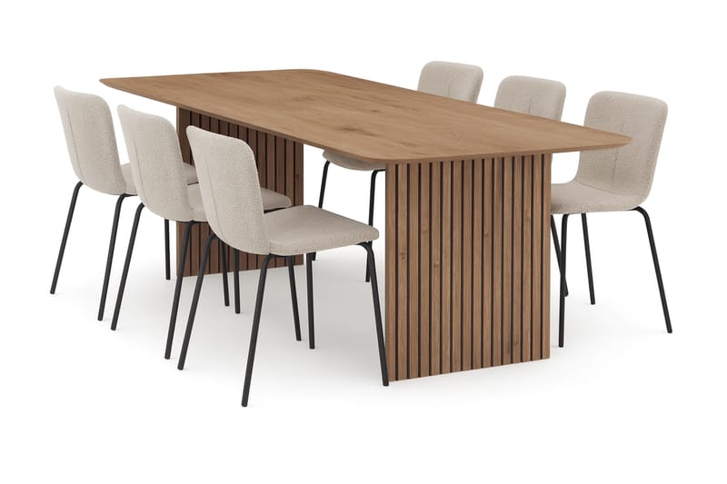 Richeto Spisebord 180 cm med 6 Katy Spisestole, Naturlig finish / Greige Bouclé / Metalben Sort
