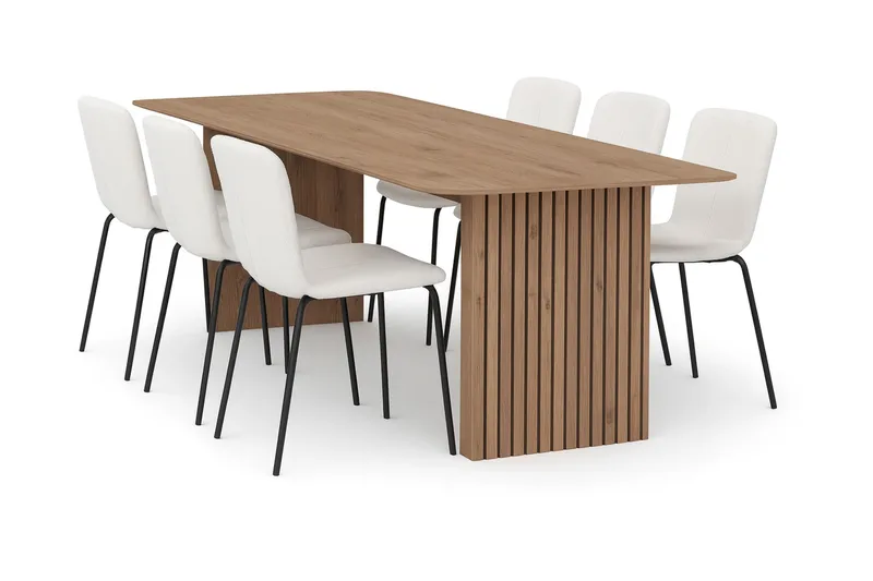 Richeto Spisebord 180 cm med 6 Katy Spisestole, Naturlig finish / Hvid Bouclé / Metalben Sort