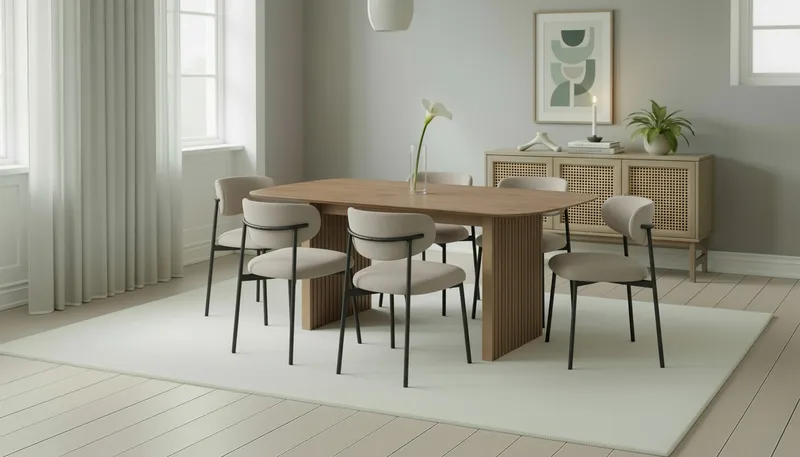 Richeto Spisebord 180 cm med 6 Lucy Spisestole - Naturlig finish / Greige Bouclé / Metalben Sort - Møbler - Borde - Spisebordssæt