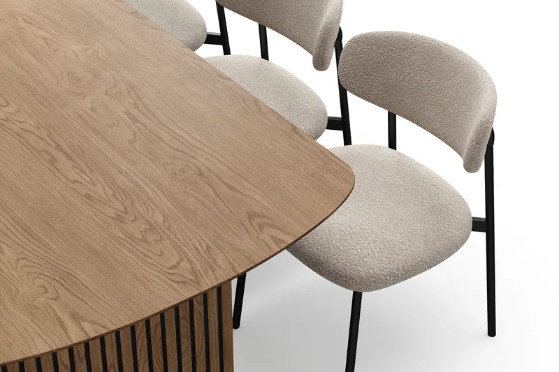 Richeto Spisebord 180 cm med 6 Lucy Spisestole - Naturlig finish / Greige Bouclé / Metalben Sort - Møbler - Borde - Spisebordssæt