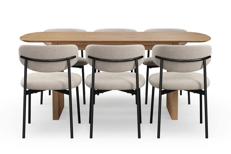 Richeto Spisebord 180 cm med 6 Lucy Spisestole - Naturlig finish / Greige Bouclé / Metalben Sort - Møbler - Borde - Spisebordssæt