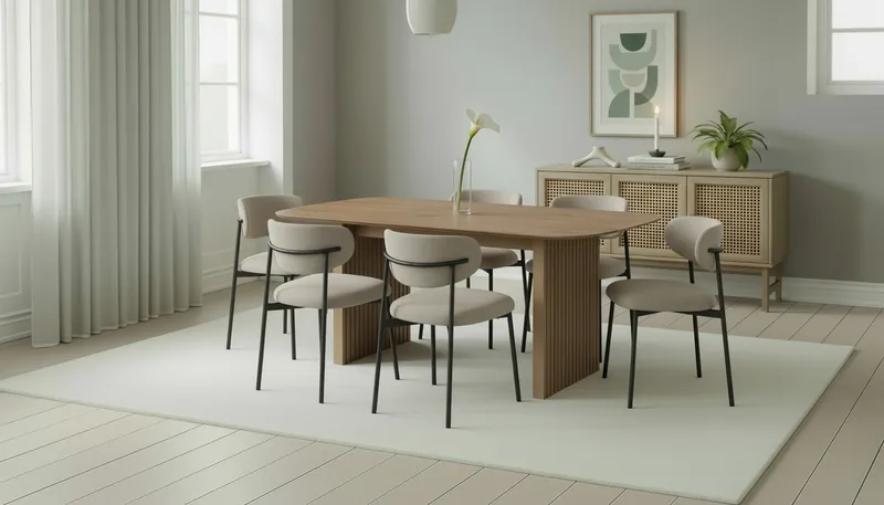 Richeto Spisebord 180 cm med 6 Lucy Spisestole - Naturlig finish / Greige Bouclé / Metalben Sort - Møbler - Borde - Spisebordssæt