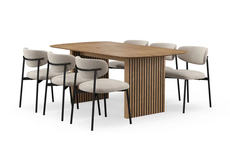 Richeto Spisebord 180 cm med 6 Lucy Spisestole, Naturlig finish / Greige Bouclé / Metalben Sort